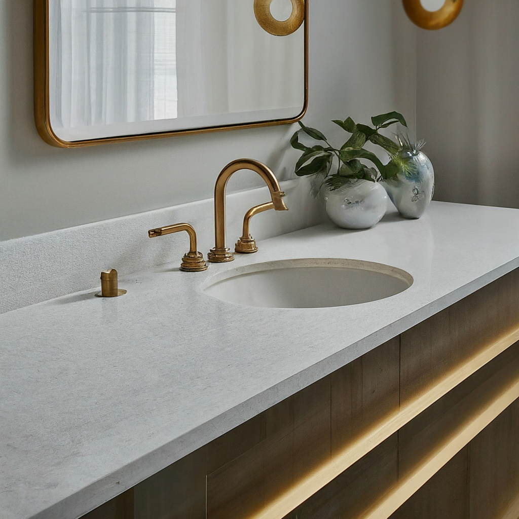 Elegant quartz bathroom countertop with modern sink and faucet