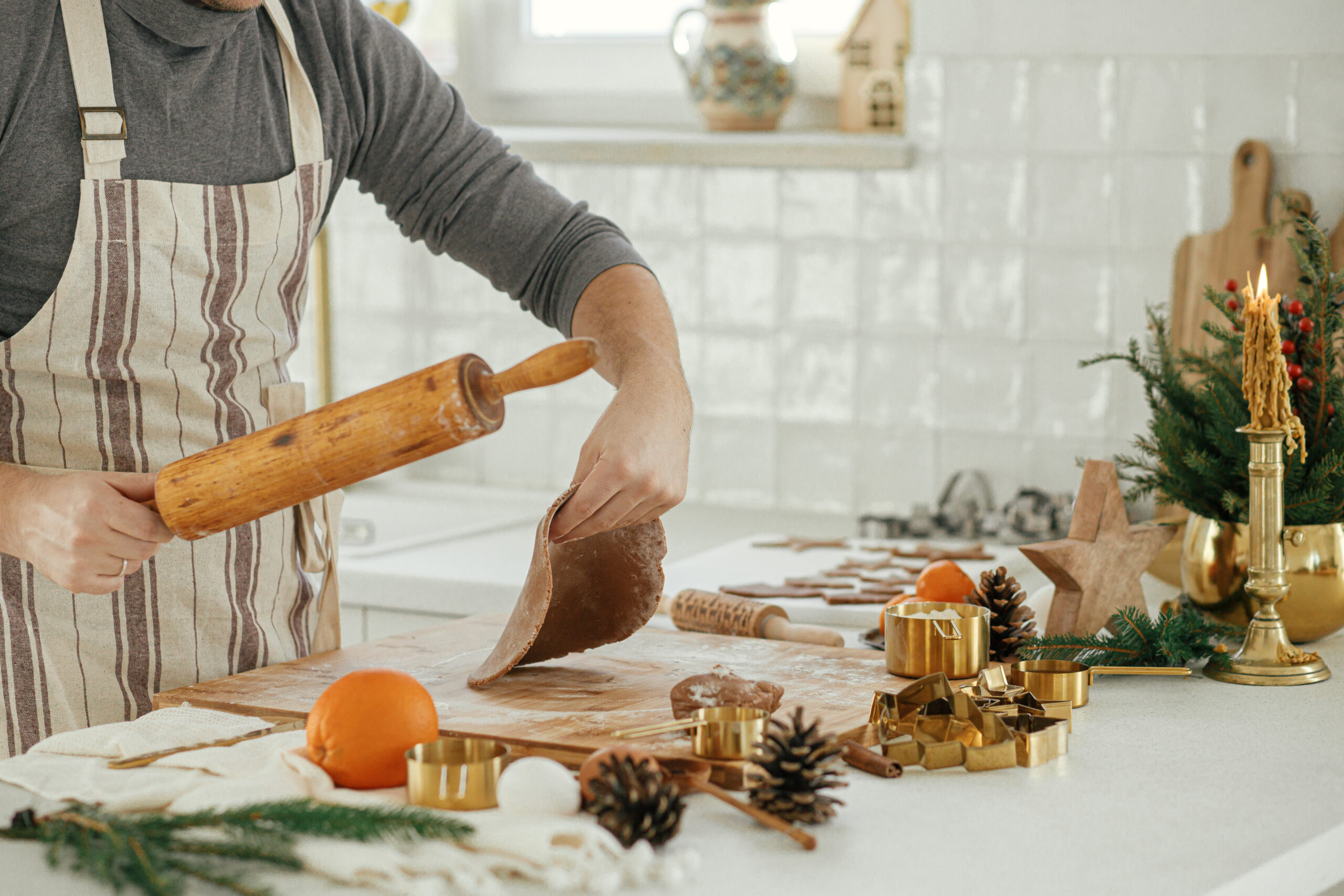 White quartz countertop styled for a holiday kitchen